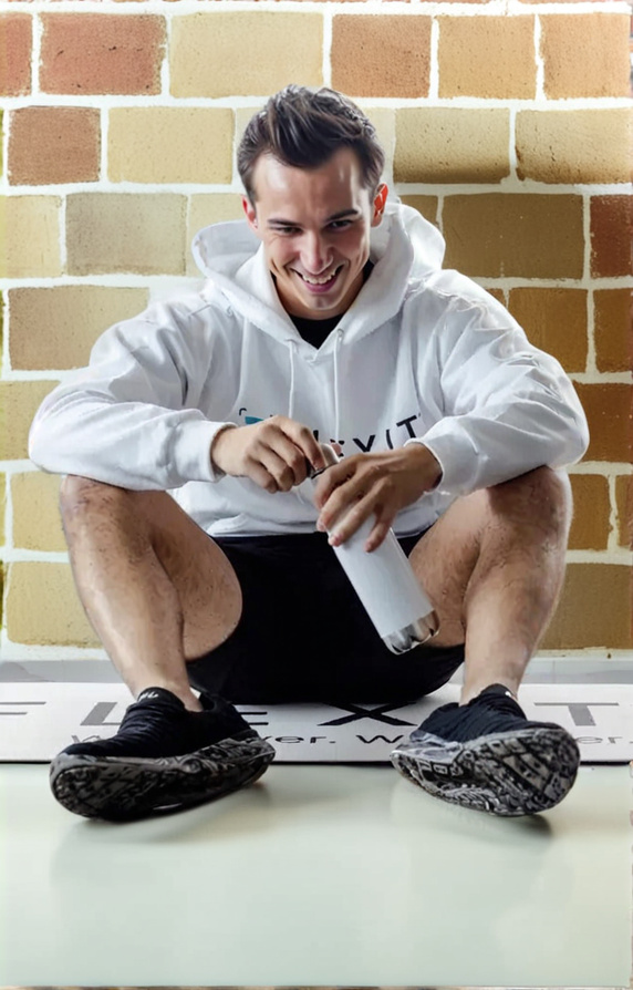 man sitting with a water bottle in hand