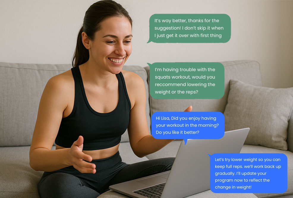 Echelon Coach user chatting with her trainer(s).